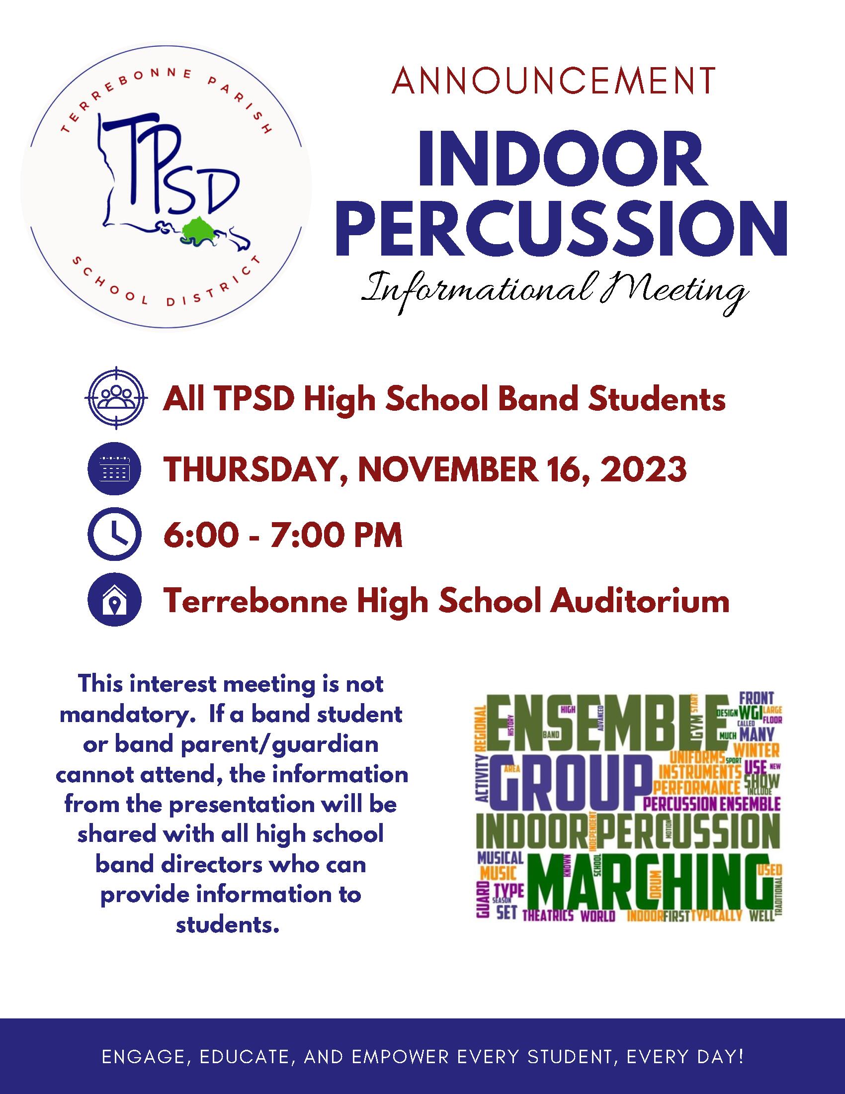 Indoor Percussion Informational Meeting Flyer