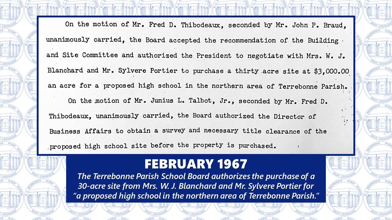 Explanation of the purchase of property to create H.L. Bourgeois High school
